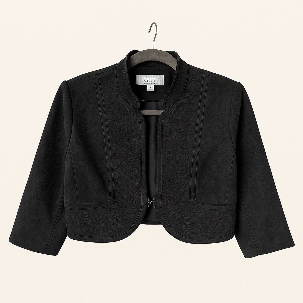 NEXT Tailored Black Cropped Jacket Sz 14 Paisley Embroidered Hook Front Lined